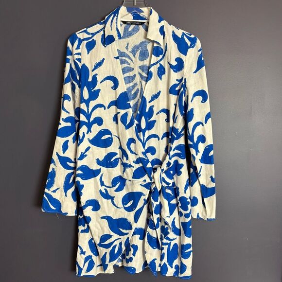 Zara White & Blue Tropical Floral Pattern Long Sleeve Mini Linen Wrap Dress Med - Picture 2 of 9